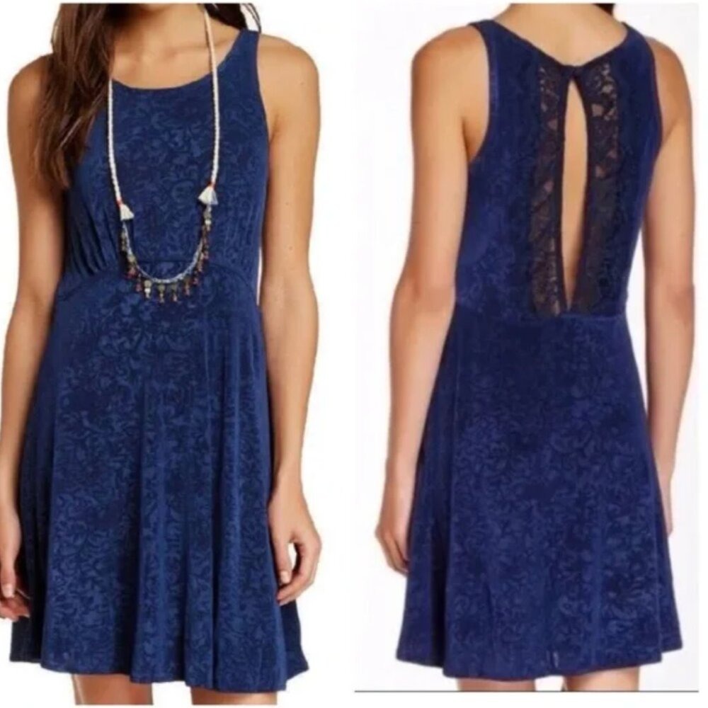 Free People Lady Jane Lace Trim Keyhole Sleeveless Skater Dress Blue Size M‎